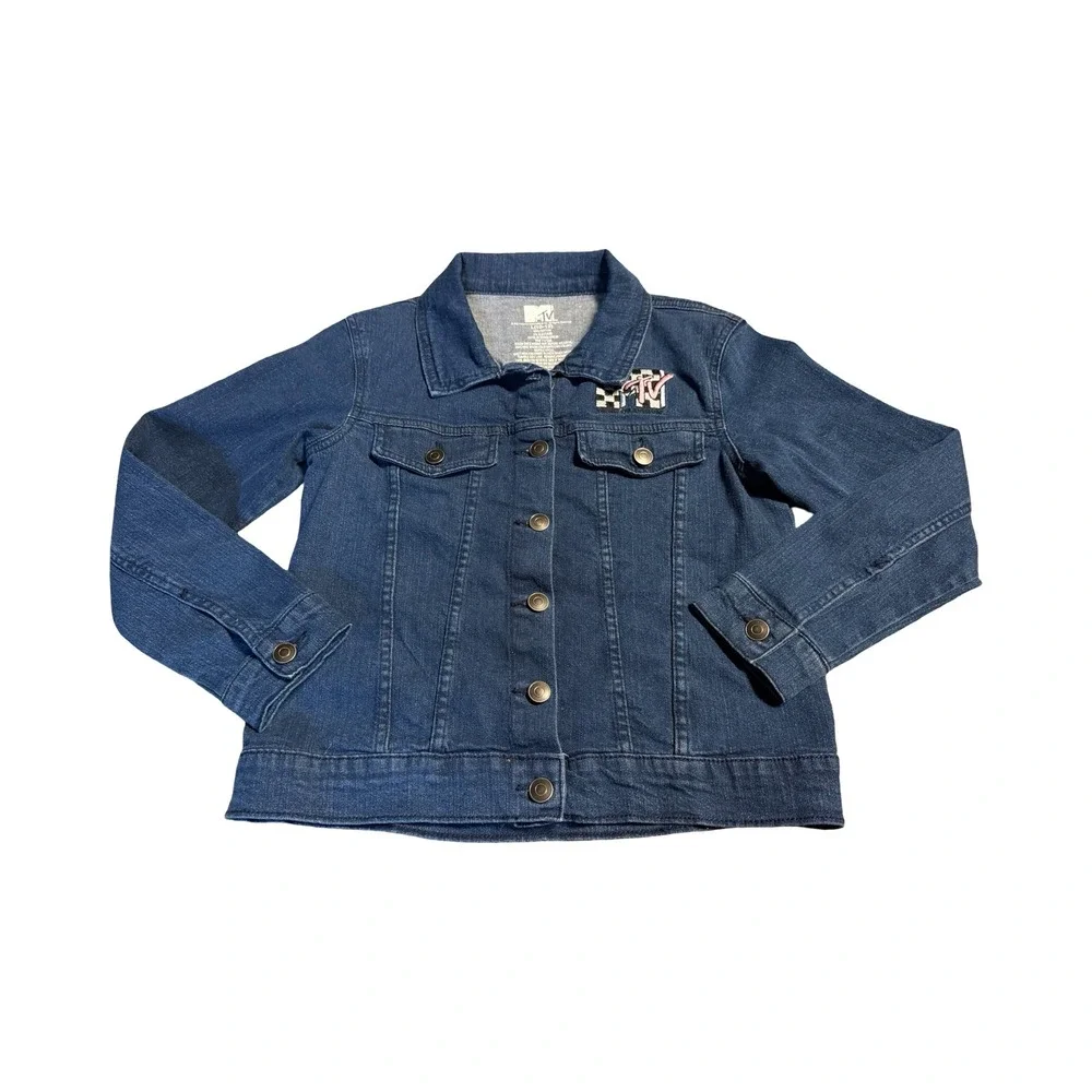 MTV Kids Dark Wash Denim Jacket Blue Checkerboard Logo Graphic Size L 10-12